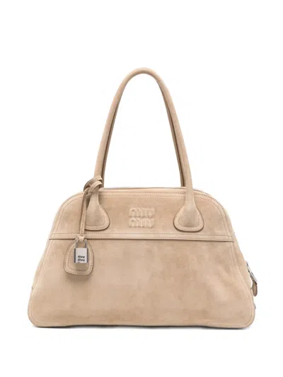 Miu Miu Logo-embossed Suede Tote Bag In Neutral
