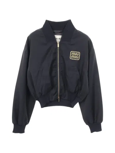 Pre-owned Miu Miu Logo-embroidered Cropped Bomber Jacket In Blue
