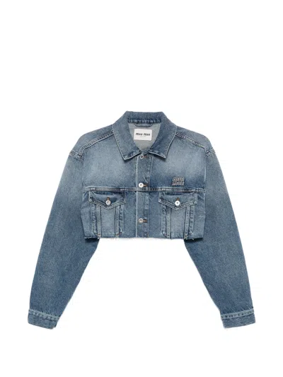 Miu Miu Logo-embroidered Cropped Denim Jacket In Blue