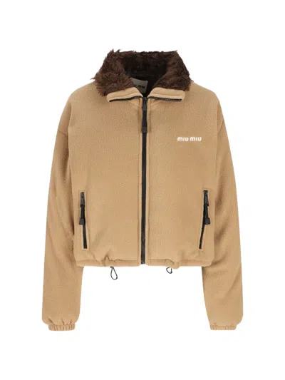 Miu Miu Logo-embroidered Fleece Jacket In Nude