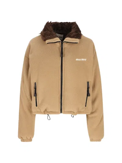 Miu Miu Logo-embroidered Fleece Jacket In Neutral
