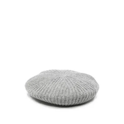 Miu Miu Logo-embroidered Ribbed-knit Beret In Grey