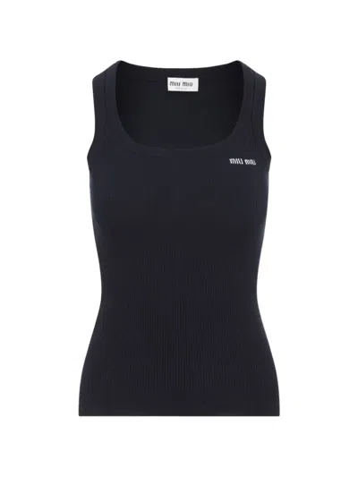Miu Miu Logo-embroidered Ribbed-knit Tank Top In Blue
