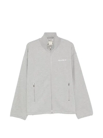Miu Miu Logo-embroidered Zip-up Sweatshirt In Grey