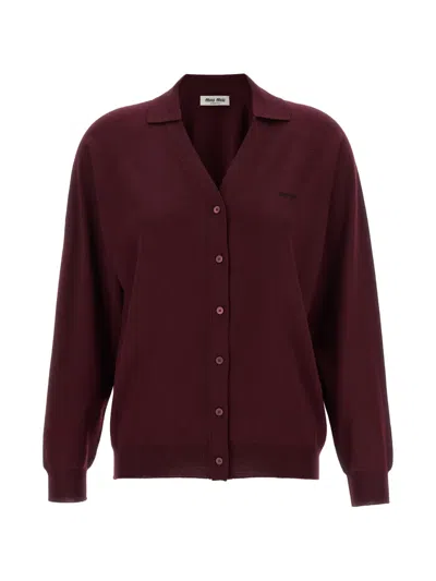Miu Miu Logo-intarsia Wool Cardigan In Red