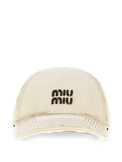 Miu Miu Logo-patch Distressed Baseball Cap In Neutrals