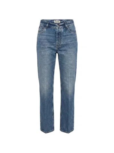 Miu Miu Logo-patch Straight-leg Jeans In Blue