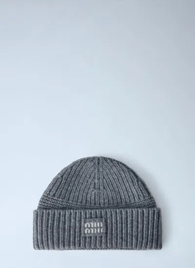 Miu Miu Logo-patch Wool Beanie In Grey