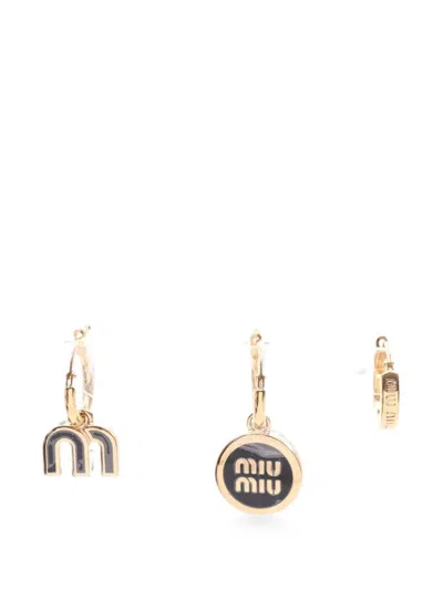 Pre-owned Miu Miu Logo-pendant Hoop Earrings In Gold