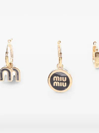 Pre-owned Miu Miu Logo-plaque Hoop Earrings In Gold