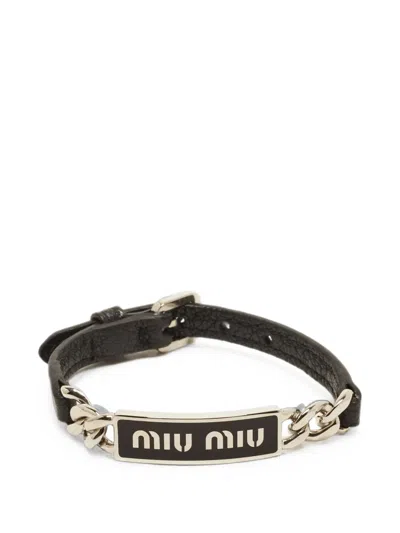 Pre-owned Miu Miu Logo-plaque Leather Bracelet In Silver