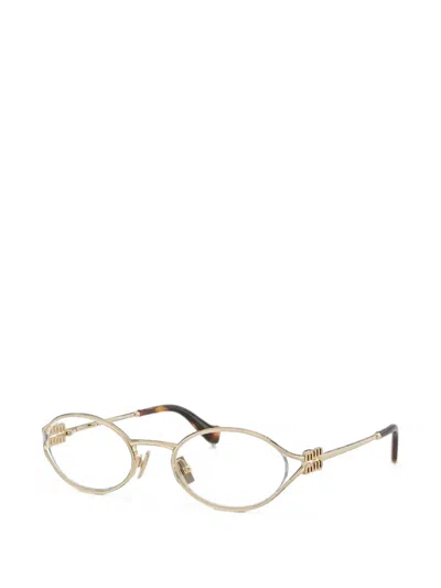 Miu Miu Logo-plaque Oval-frame Glasses In Gold