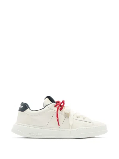 Miu Miu Leather Sneakers Contrast Heel Tab Design In White