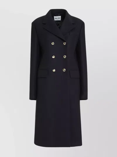 Miu Miu Long Double-breasted Wool Coat With Lapel Collar In Blue