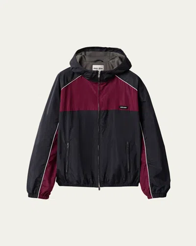 Miu Miu Long Sleeve Bomber Jacket With Hoodie In Black
