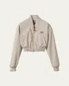 Miu Miu Long-sleeve Crop Zip Bomber Jacket In Neutral