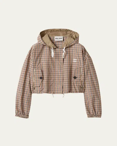 Miu Miu Long Sleeve Cropped Bomber Jacket With Hoodie In Multicolor