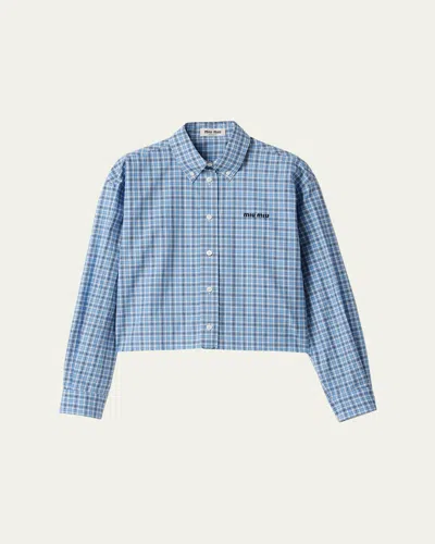 Miu Miu Long Sleeve Cropped Button Down Shirt With Collar In Blue