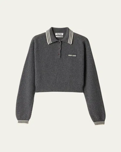 Miu Miu Long-sleeve Cropped Polo Sweater In F0480 Ardesia