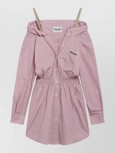 Miu Miu Long Sleeve Dress Striped Pattern Waist In Pink