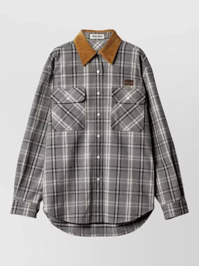 Miu Miu Long Sleeve Plaid Shirt With Chest Pockets In Gray