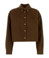 Miu Miu Cropped Long Sleeve Wool Blend Shirt In Brown