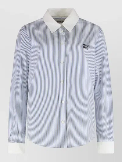 Miu Miu Long Sleeve Shirt Striped Pattern Contrast Collar In Blue