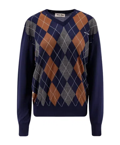 MIU MIU ARGYLE V-NECK WOOL SWEATER