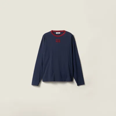 Miu Miu Long-sleeved Cotton Jersey T-shirt In Blue