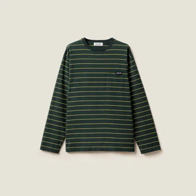 Miu Miu Long-sleeved Cotton Jersey T-shirt In Bottle Green/yellow