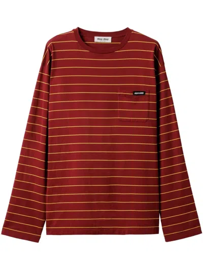 Miu Miu Long-sleeved Cotton T-shirt In Red