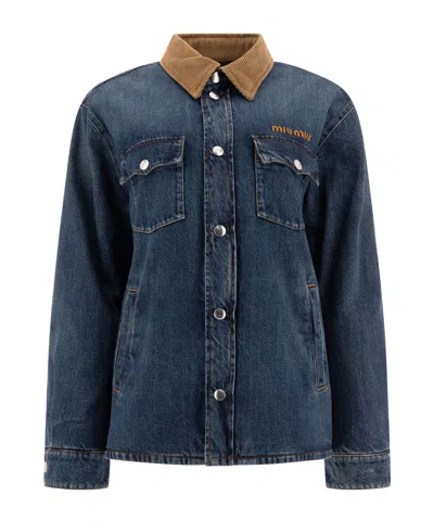 Miu Miu Long-sleeved Down Jacket In Blue