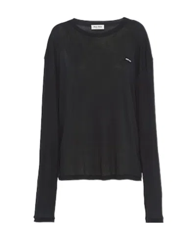 Miu Miu Long-sleeved Garment-dyed Ribbed Knit Jersey T-shirt In Black