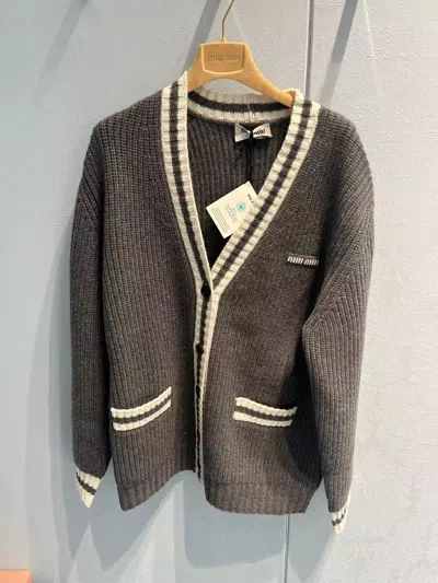 Miu Miu Long-sleeved Knitted Cardigan In Gray