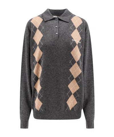 Miu Miu Long-sleeved Knitted Polo Jumper In Gray