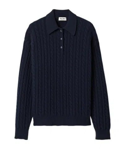 Miu Miu Long-sleeved Knitted Polo Shirt In Blue