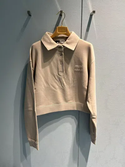 Miu Miu Long-sleeved Lapel Hoodie In Nude