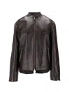 Miu Miu Long-sleeved Leather Jacket In Brown