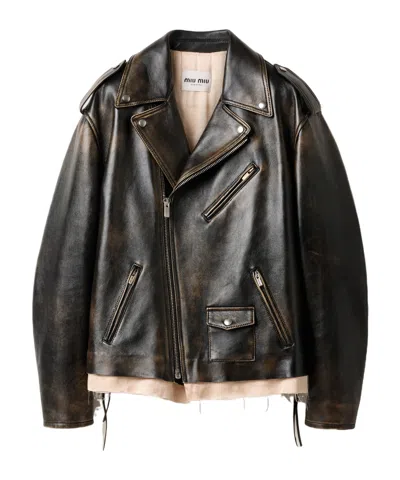 Miu Miu Nappa Leather Biker Jacket In Black
