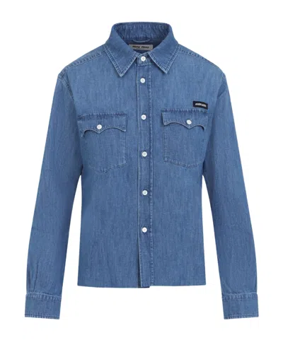 Miu Miu Denim Chambray Cropped Shirt In Blue