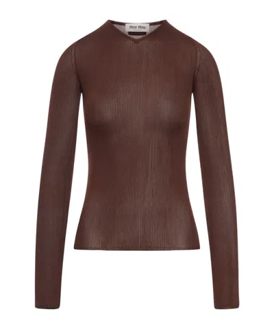 Miu Miu Long-sleeved Sweater In Brown