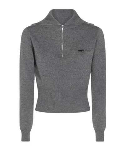 Miu Miu Long-sleeved Sweater In Gray
