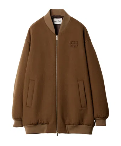 Miu Miu Long-sleeved Wool Casual Jacket In Brown