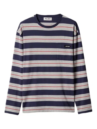 Miu Miu Long-sleeved Cotton Jersey T-shirt In Blue