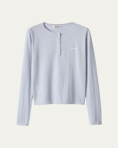 Miu Miu Three-button Logo-detail Long-sleeved T-shirt In Blue