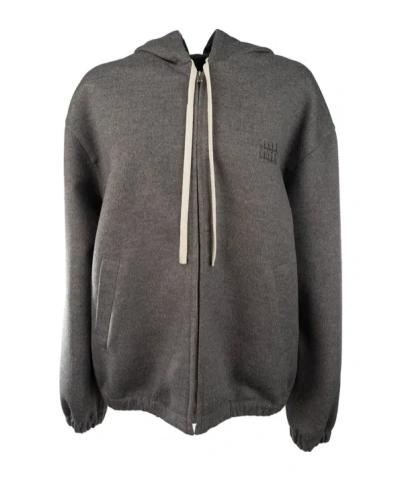 Miu Miu Knit Hooded Jacket Elasticated Cuffs Long Sleeves In Gray