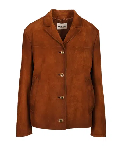 Miu Miu Long-sleeved Button-up Jacket In Brown
