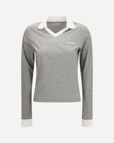 Miu Miu Cotton Polo Shirt Long Sleeves Contrast Collar In Gray