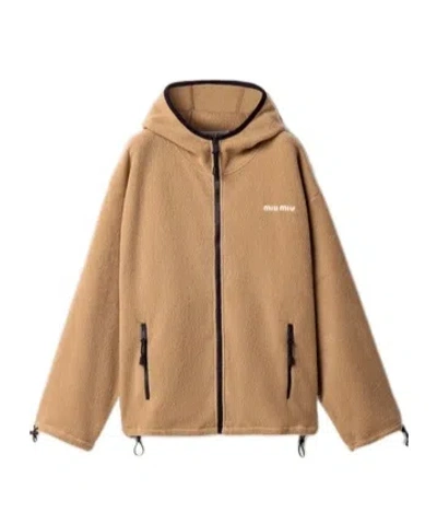 Miu Miu Long-sleeved Hooded Casual Jacket In Brown
