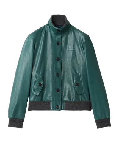 Miu Miu Long-sleeved Leather Jacket In Green